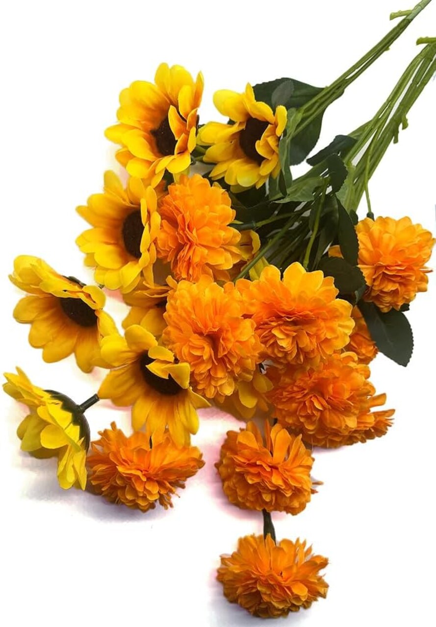 2 Bunches Artificial Sunflowers Flowers and 2 Bunches Artificial Marigold Flower
